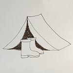 Drawing of boots in front of a camping tent.