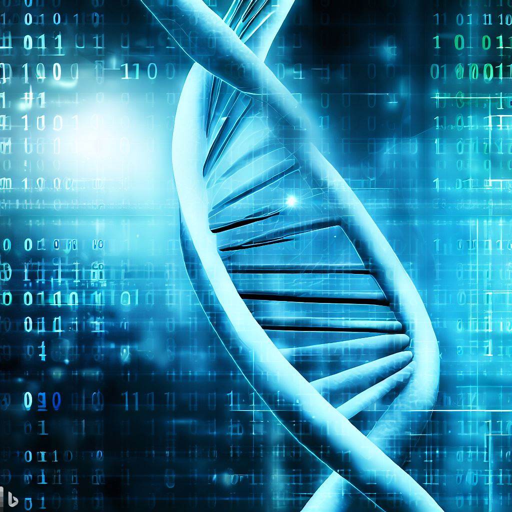 Digital drawing of DNA surrounded by binary code.