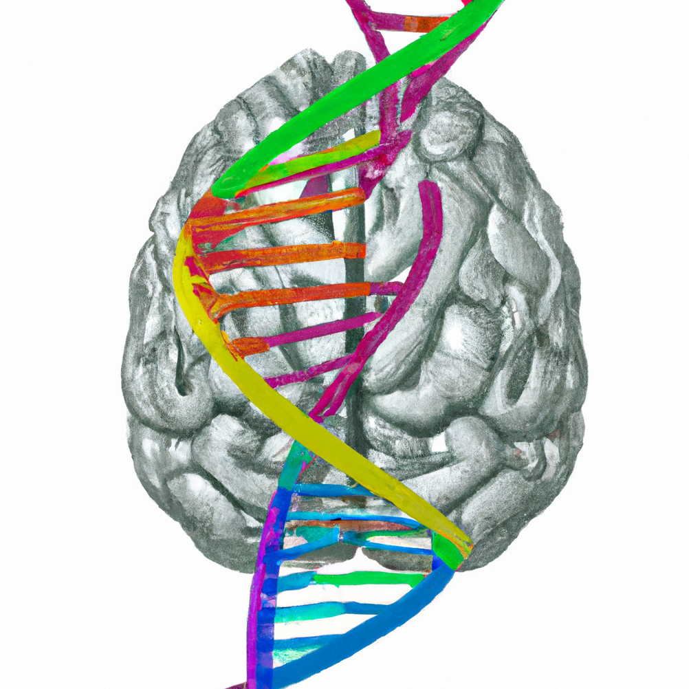 A brain with a DNA strand overlaid in the middle.