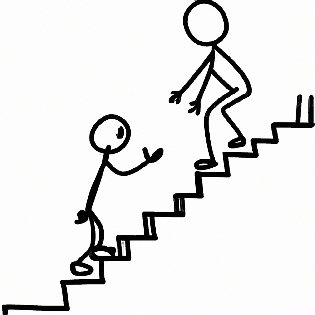 Drawing of a stick figure helping another up a staircase.