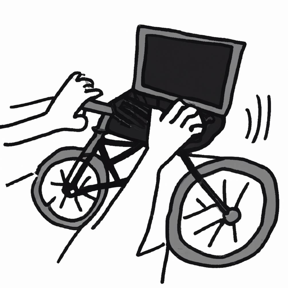 A drawing of a laptop combined with a bicycle.